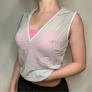 White mesh sleeveless pullover V neck hoodie 🤍